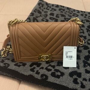 CHANEL Tan Chevron Quilted Boy Bag Shoulder Bag